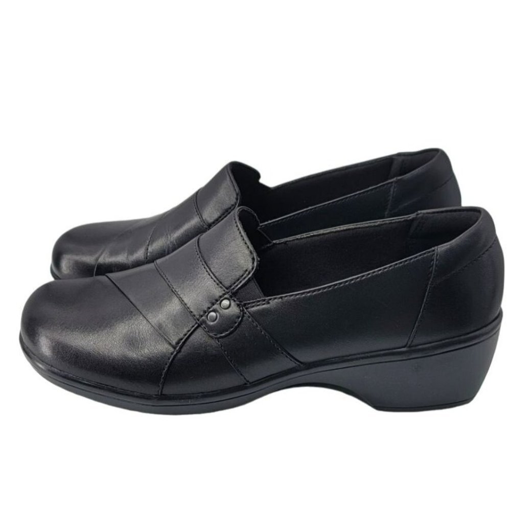 Clarks Slip On Shoes Black Work Clogs Comfort Cushion Loafer Size 9W 9 Wide